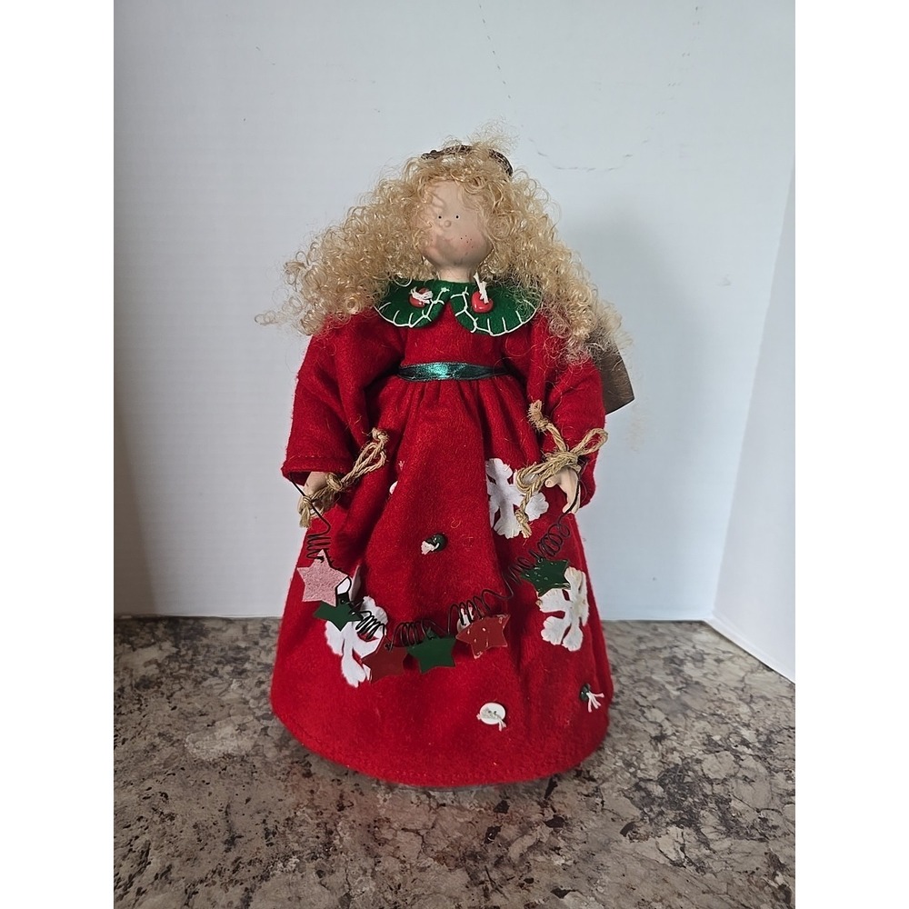 14"Folk art treetopper vintage, Red W/ Snow Flakes. Curly Blond Hair.woodGarland